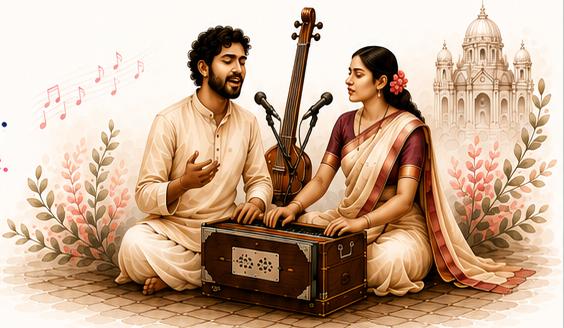 Two musicians performing Indian classical vocal music with tanpura and harmonium