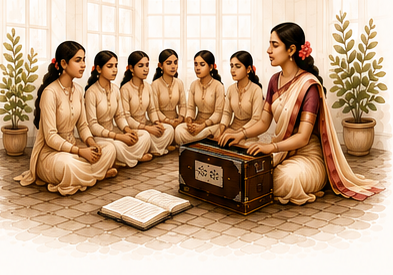 Group of students learning vocal music with their teacher